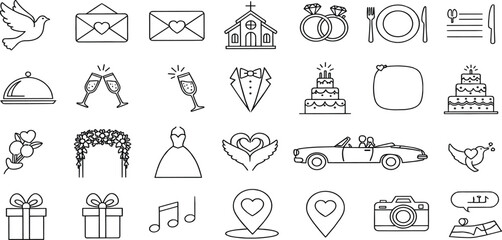 Wedding Line Icon Set with Bride Dress, Rings, Church, Champagne Glasses, Gifts, Love Letters and Romantic Marriage Celebration Symbols