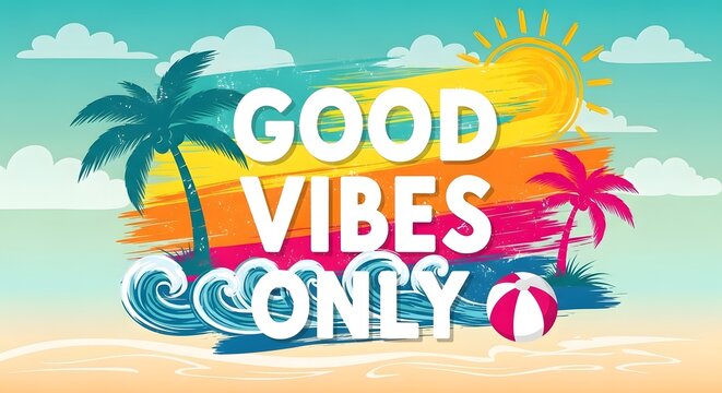 Good vibes only beach summer vacation concept with colorful illustration