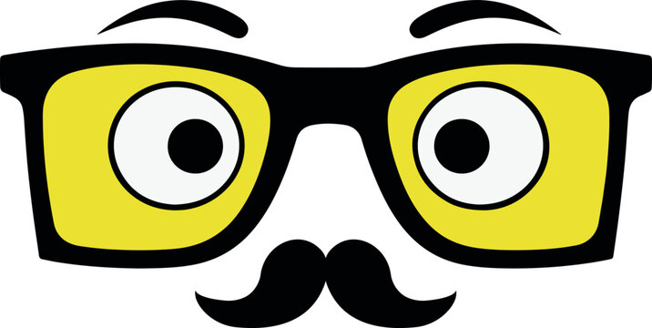Cartoon eyes in glasses with raised eyebrows and moustache. Stylized yellow eyes inside black eyeglasses with graphic facial details on white background. Minimal vector illustration.