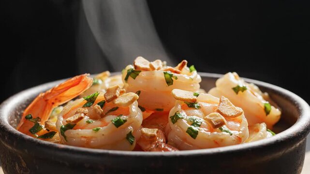 Steaming hot shrimp dish served in a dark bowl with rising vapors and fresh herbs ready to enjoy