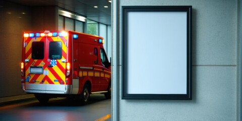 Fototapeta premium Emergency vehicle visible near building entrance. Blank poster provides space for messaging. Dark tunnel creates dramatic lighting effect.