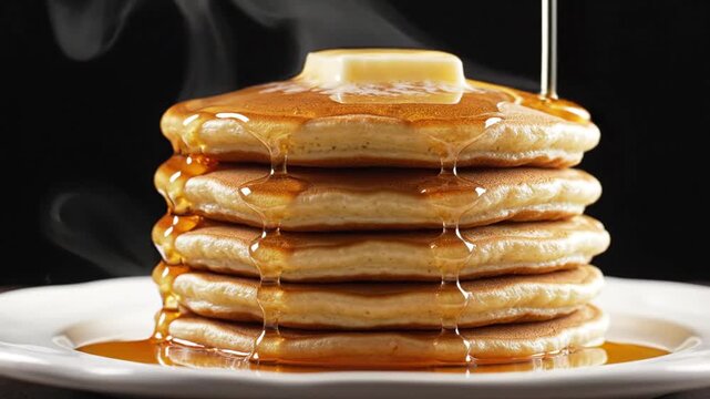 Stacked pancakes drizzled with syrup steaming hot with melting butter and black background