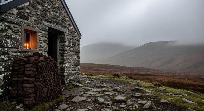 Stone bothy with glowing window light in a misty, rugged mountain landscape.
