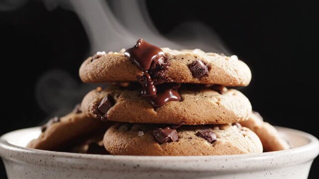 Close-up of steaming baked chocolate chip cookies stacked in a white bowl with dark background