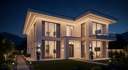 Fototapeta premium Modern luxury residential house architecture features a new urban facade and illuminated windows against a dark city sky