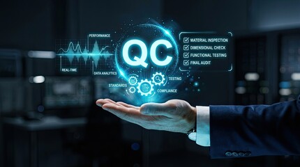 Fototapeta premium Businessman holding a glowing QC icon representing quality control in a digital environment.