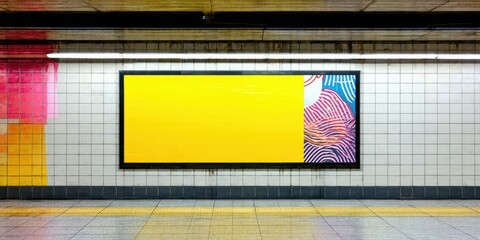 Fototapeta premium Subway station interior features blank yellow billboard. Colorful mural visible beside it. Tiled walls, platform present. Dim lighting creates contrast.