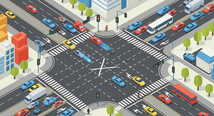 Isometric City Intersection with Cars and Pedestrians.