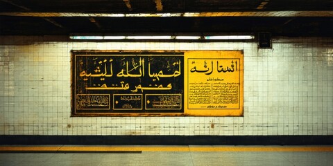 Fototapeta premium Subway station wall displays ornate poster. Dim lighting, tiled surfaces, platform visible. Text dominates central focus.