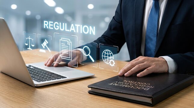 Businessman working on laptop with REGULATION text and legal icons.