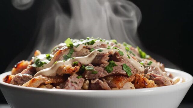 Hot steaming bowls of savory beef and vegetable stir-fry with fresh herbs and aromatic steam rising in a repeating pattern