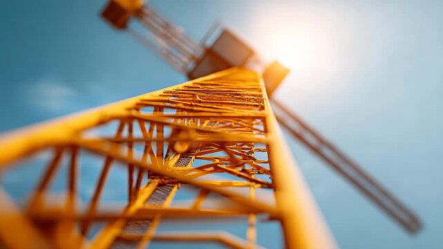 Dynamic low angle view moving up the lattice mast of a yellow construction crane against a bright, sunny blue sky, showing the power and scale of industrial building equipment in action
