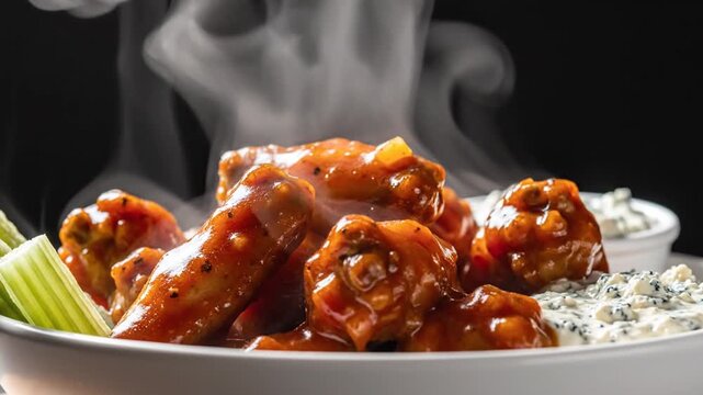 Close-up of steaming glazed chicken wings with celery sticks and creamy dip on black background
