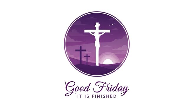 good friday, it is finished text - Jesus Christ Crucified On The Cross and sunset in purple circle layer style vector design
