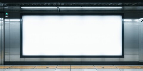 Fototapeta premium Subway station wall features large blank billboard. Dark tunnel, tiled floor, metallic surfaces visible. Minimalist presentation.