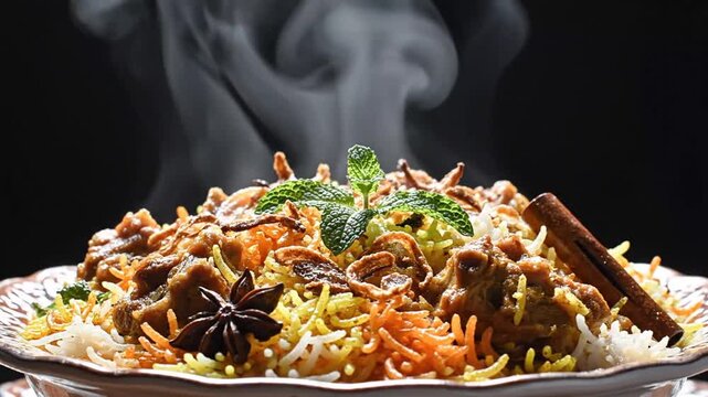 Steaming hot flavorful biryani rice dish garnished with herbs and spices presentation