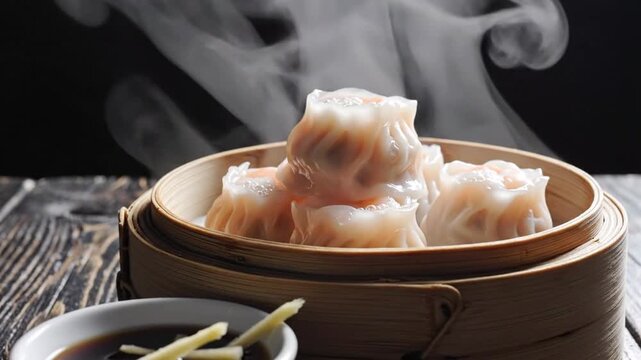Steaming Basket of Fresh Dim Sum with Fragrant Aroma and Liquor Smoke