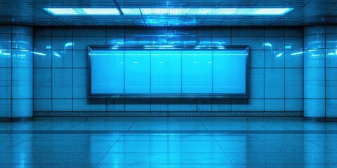 Fototapeta premium Empty subway tunnel illuminated by bright blue lights. Tile walls, floor create stark, modern aesthetic. Minimalist scene.
