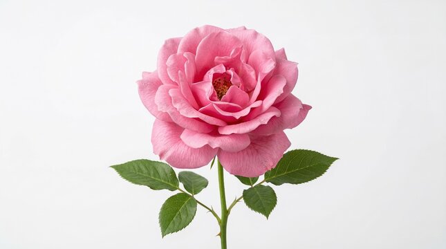 Rosa rosa en plena floraci&oacute;n aislada sobre fondo blanco neutro con iluminaci&oacute;n de estudio. Imagen delicada y elegante que simboliza amor, ternura y belleza natural.