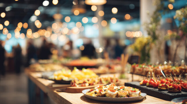 Blurred shot of business people at corporate catering event with delicious food on the table