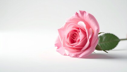 Fototapeta premium Rosa rosa en plena floración aislada sobre fondo blanco neutro con iluminación de estudio. Imagen delicada y elegante que simboliza amor, ternura y belleza natural.
