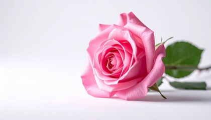 Fototapeta premium Rosa rosa en plena floración aislada sobre fondo blanco neutro con iluminación de estudio. Imagen delicada y elegante que simboliza amor, ternura y belleza natural.