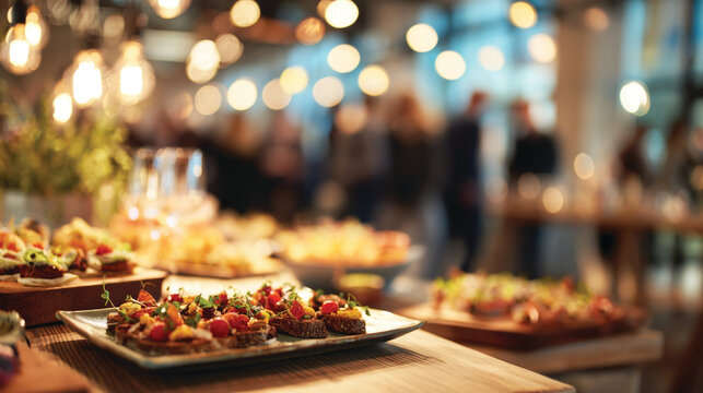 Blurred shot of business people at corporate catering event with delicious food on the table