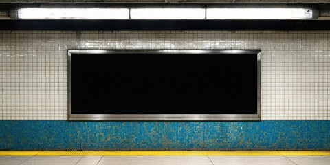 Fototapeta premium Subway station wall features tiled surfaces, blank sign, bright lighting. Dark surroundings create contrast, simple platform visible.
