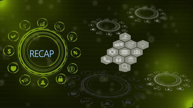 Recap business, economic, market, budget, financial and meeting report concept. Business summary and overview for planning and develop. Businessman touching on RECAP words on smart screen background..