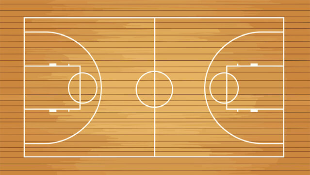 Complete overhead view of a basketball court shows the wooden floor boards and all the white game markings and boundaries.
