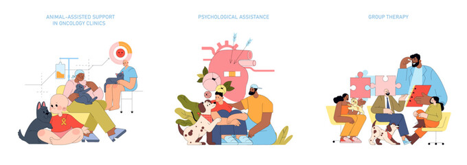 Fototapeta premium Animal-Assisted Therapy and Group Therapy Vector Illustration