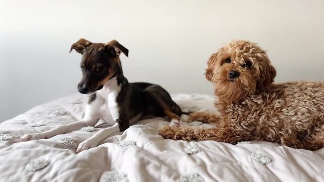 Mixed breed puppy and brown Cockapoo lying relaxed together on bed watching &mdash; calm cozy two dogs indoor lifestyle
