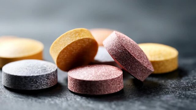 Various colorful vitamin tablets and dietary supplements piled on a dark, textured surface for promoting health and wellness, with a soft, sliding focus highlighting the assortment of pills