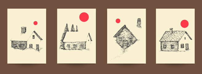Set of minimalist vertical posters featuring hand drawn vintage rural houses and cabins. Each art piece combines rustic ink sketch with bold red sun or moon circle against warm beige background. Colle