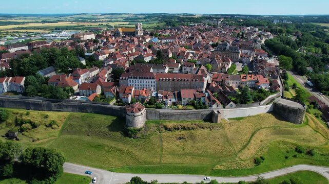 Aerial view of the City Langres in France. On a sunny noon in summer around the old town.