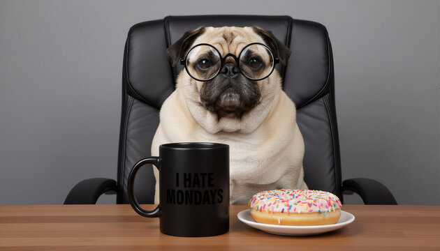 Funny pug dog with messy hair and tired expression sitting with coffee cup, Monday morning office humor