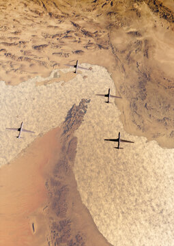 Drone flyovers over the Strait of Hormuz, military operations, Iran, and the Persian Gulf. Oman and the United Arab Emirates, 3d rendering. Middle East. Satellite view