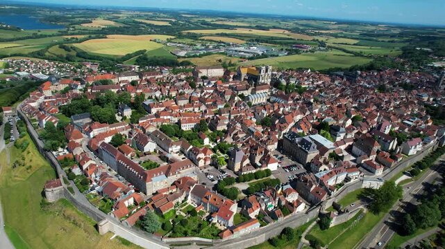 Aerial view of the City Langres in France. On a sunny noon in summer around the old town.