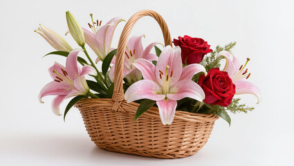 Obraz premium Elegant Wicker Basket with Pink Lilies and Red Roses