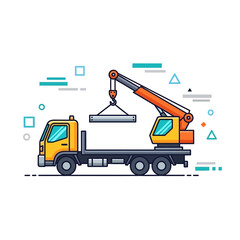 Modern Crane Truck Lifting Steel Beam Construction Site Illustration