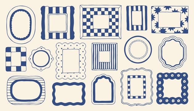 A large collection of hand drawn blue frames featuring stripes checkers and polka dot patterns. Mediterranean style borders are excellent for social media posts and artistic photo layouts
