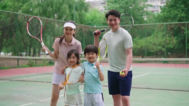 Happy family enjoying a lively game of tennis