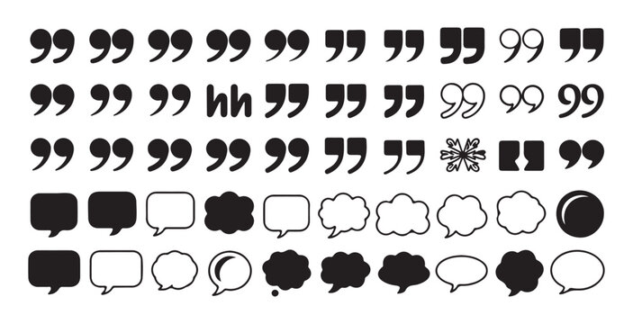 Various speech bubble icons and quotation marks set including solid shapes and thin outline vector style