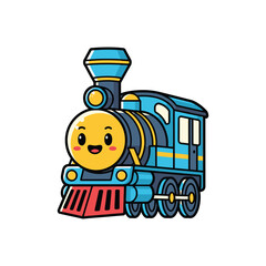 Cute cartoon blue train locomotive smiling engine. © riiicil