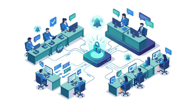 Isometric SaaS Office Team Collaboration with Cybersecurity Protection, Remote Workers Network Connected to Secure Cloud Server, Corporate Digital Workplace Technology Concept