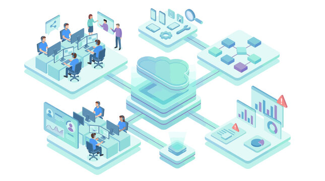 Isometric SaaS Cloud Computing Platform with Remote Development Teams, Data Analytics Dashboard, and Digital Workflow Integration for Tech Business Presentations