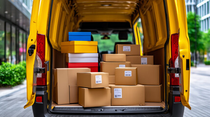 Looking into Back of Delivery Van Fully Stocked Organized Cardboard Parcels Packages