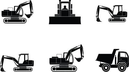 Construction Machinery Silhouette Collection, Excavators Bulldozer And Dump Truck Black Vector Illustration For Industrial Equipment Design © astroDev