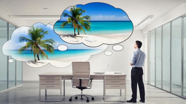 Office worker dreaming of a beach vacation.