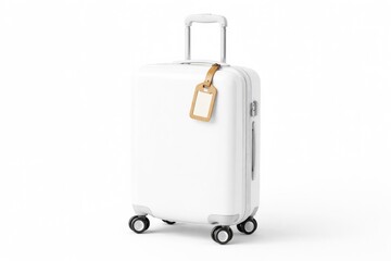 Minimalist white rolling suitcase with a blank leather luggage tag on a clean white background
